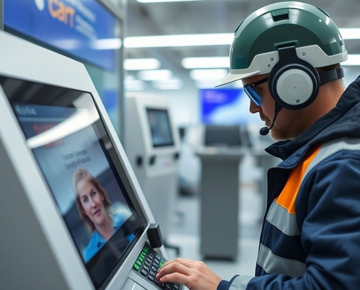 Especialista revisando la lectora de tarjetas de un terminal